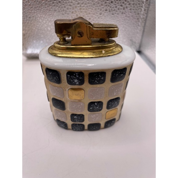 Vtg‎ Mid Century Penguin Japan Mosaic Lighter and Ashtray Set Black White Gold - Picture 5 of 15